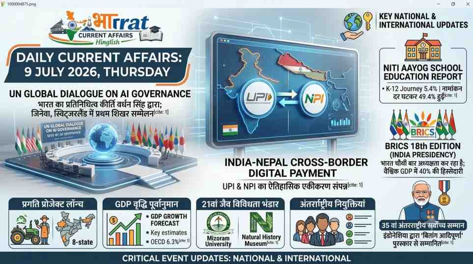 9 जुलाई 2026 दैनिक करेंट अफेयर्स इंफोग्राफिक बैनर, भारत-नेपाल UPI समझौता, नीति आयोग शिक्षा रिपोर्ट और BRICS 2026