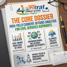 Bharrat Current Affairs Hinglish graphic dossier for civil services aspirants, outlining high-yield exam topics including GVA trends, international relations, climate policy, and ISRO space tech missions."
