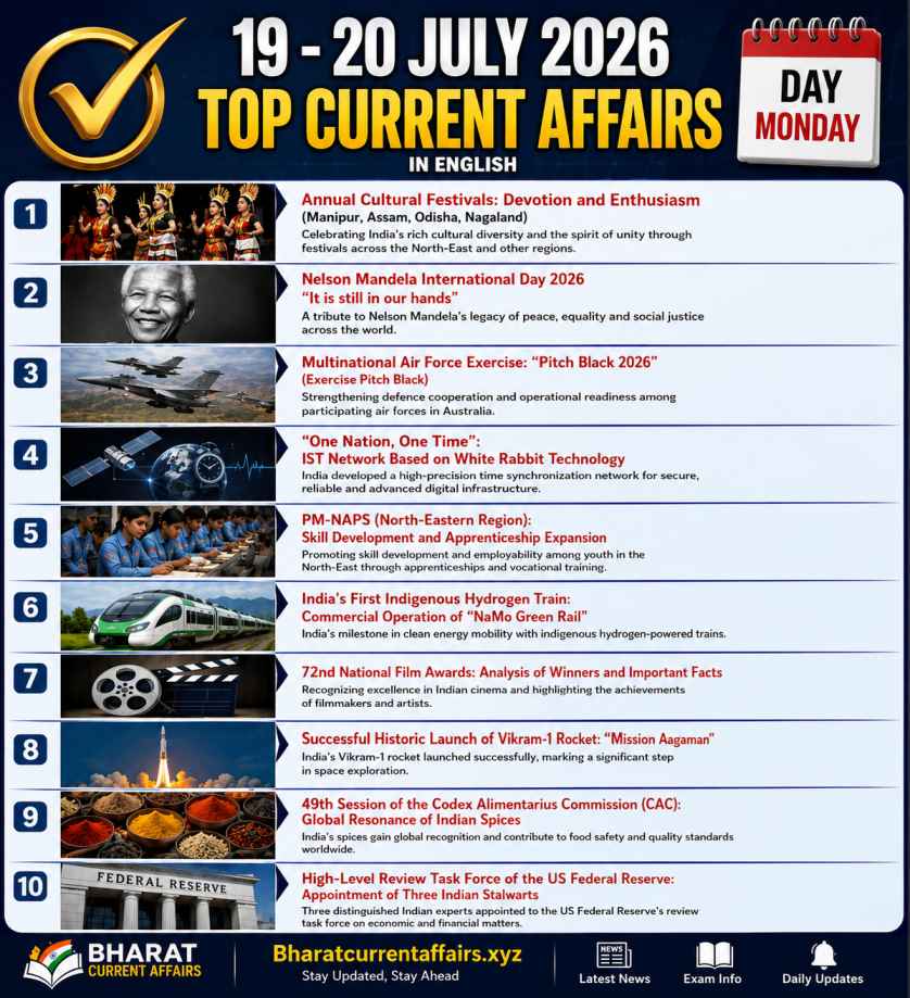 Top Current Affairs 19–20 July 2026 in English infographic covering Nelson Mandela Day, Exercise Pitch Black, One Nation One Time, PM-NAPS, NaMo Green Rail, Vikram-1 Rocket, National Film Awards, CAC Session, and US Federal Reserve.
