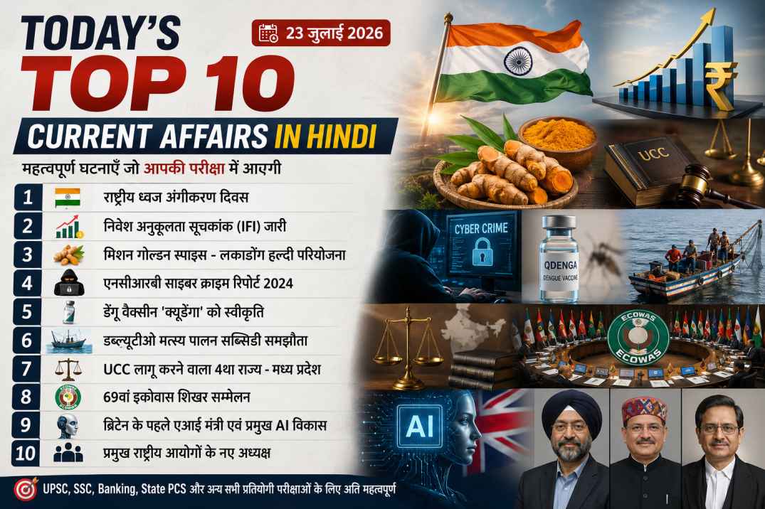 Top 10 Current Affairs in Hindi 23 July 2026 infographic for UPSC, SSC, Banking and State PCS exams featuring National Flag Adoption Day, Investment Friendliness Index, Lakadong Turmeric Mission, NCRB Cyber Crime Report, QDENGA Vaccine, WTO Fisheries Agreement, UCC, ECOWAS Summit, UK AI Minister and National Commission appointments.