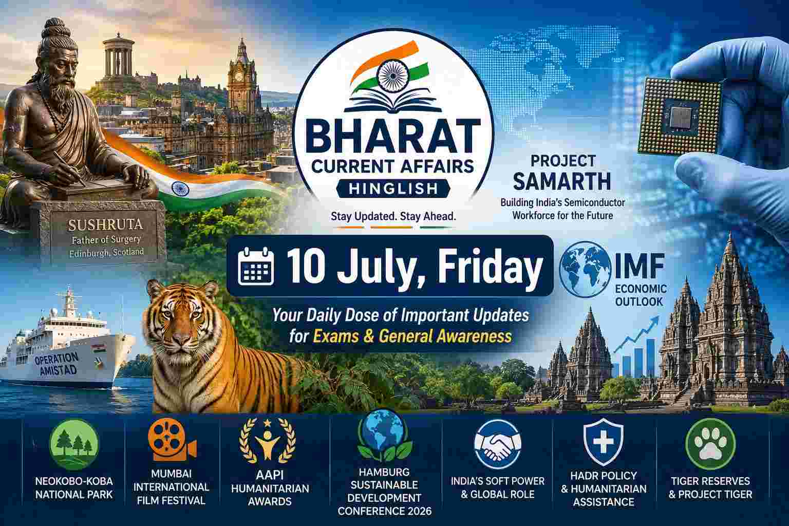 10 July 2026 Current Affairs in Hinglish featuring Sushruta statue in Edinburgh, Operation Amistad, Project Tiger, Project SAMARTH, IMF Economic Outlook, Prambanan Temple and Hamburg Sustainable Development Conference 2026