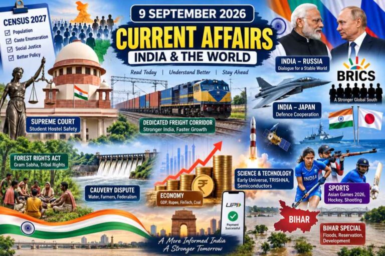 9 September 2026 Current Affairs: Census 2027, BRICS, DFC, Defence, Economy & Sports